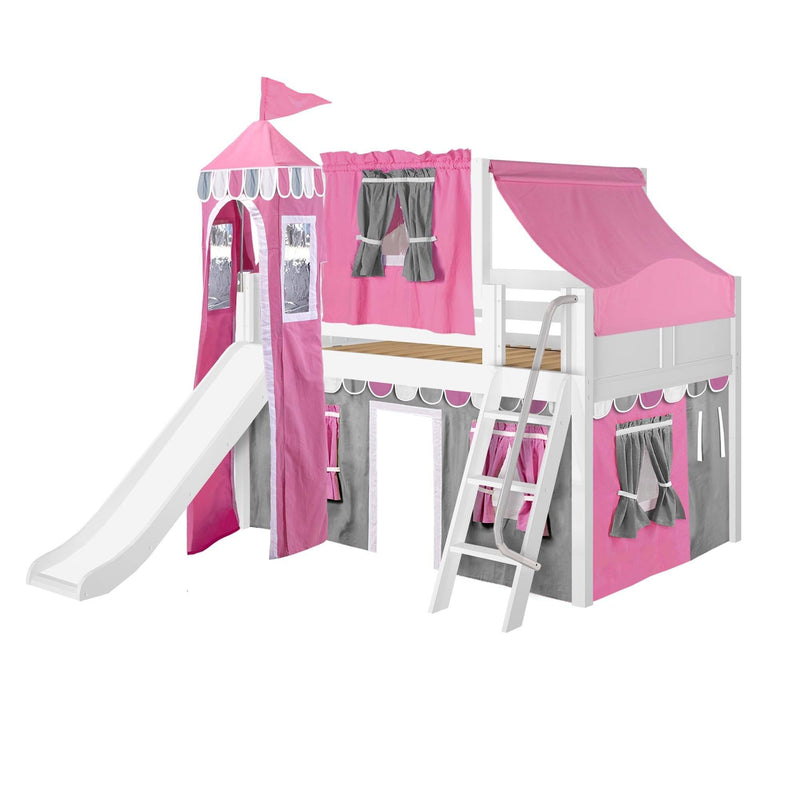 Maxtrix Full Low Loft Bed with Angled Ladder, Curtain, Top Tent, Tower + Slide