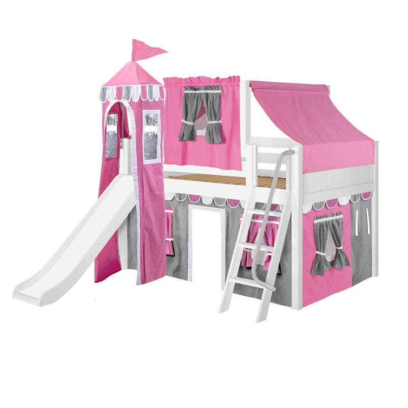 Maxtrix Full Low Loft Bed with Angled Ladder, Curtain, Top Tent, Tower + Slide