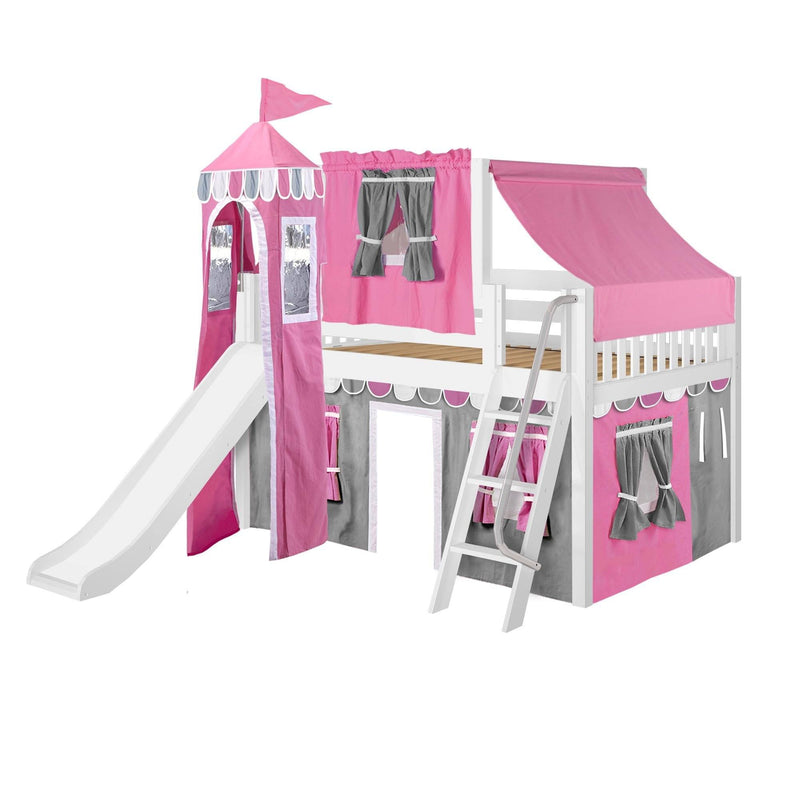 Maxtrix Full Low Loft Bed with Angled Ladder, Curtain, Top Tent, Tower + Slide