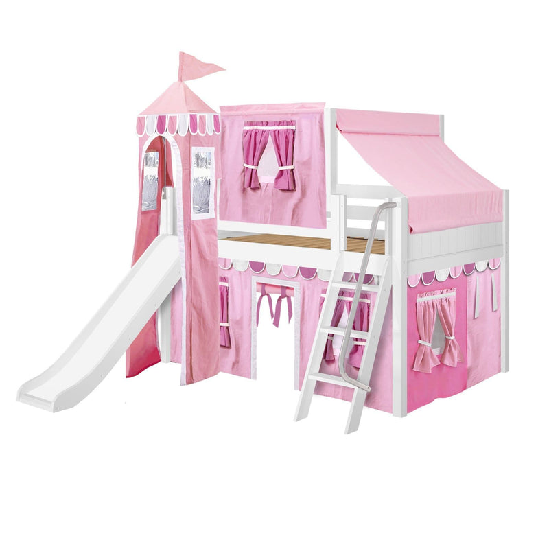 Maxtrix Full Low Loft Bed with Angled Ladder, Curtain, Top Tent, Tower + Slide