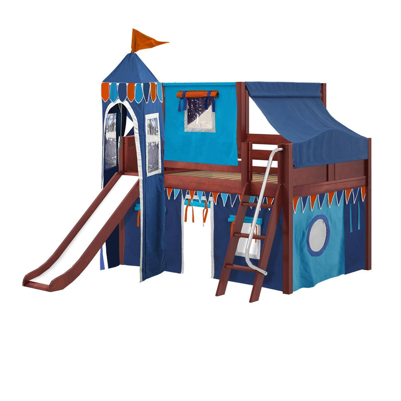 Maxtrix Full Low Loft Bed with Angled Ladder, Curtain, Top Tent, Tower + Slide