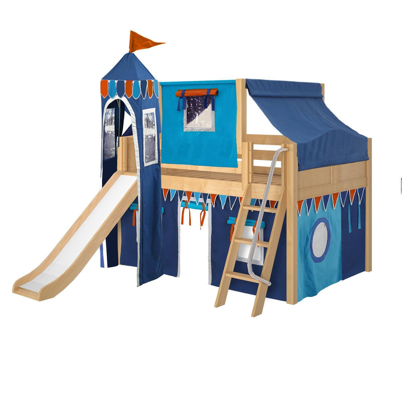 Maxtrix Full Low Loft Bed with Angled Ladder, Curtain, Top Tent, Tower + Slide