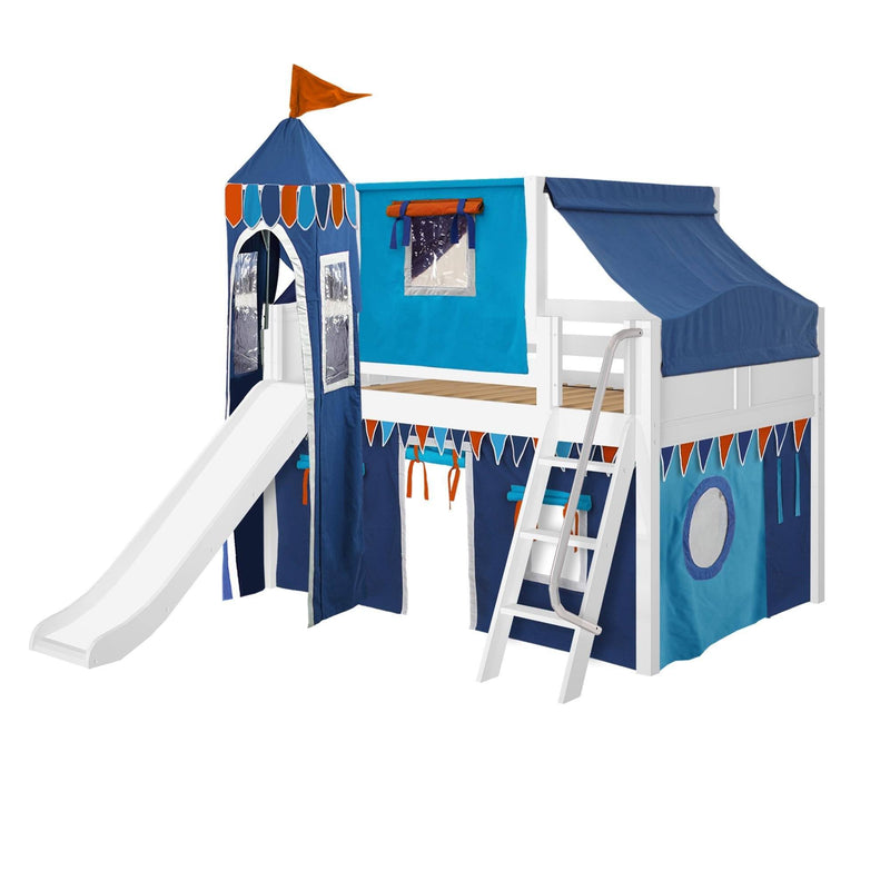 Maxtrix Full Low Loft Bed with Angled Ladder, Curtain, Top Tent, Tower + Slide