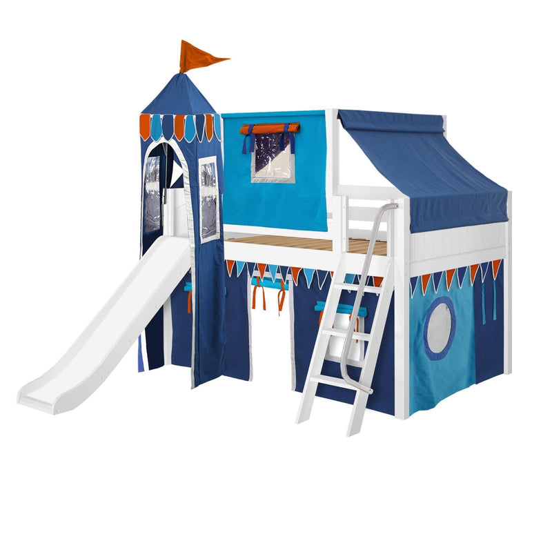 Maxtrix Full Low Loft Bed with Angled Ladder, Curtain, Top Tent, Tower + Slide