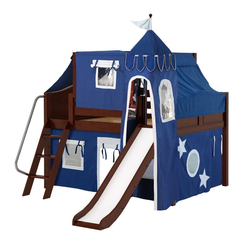 Maxtrix Full Low Loft Bed with Angled Ladder, Curtain, Top Tent, Tower + Slide