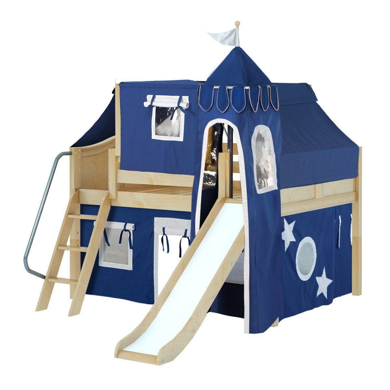 Maxtrix Full Low Loft Bed with Angled Ladder, Curtain, Top Tent, Tower + Slide