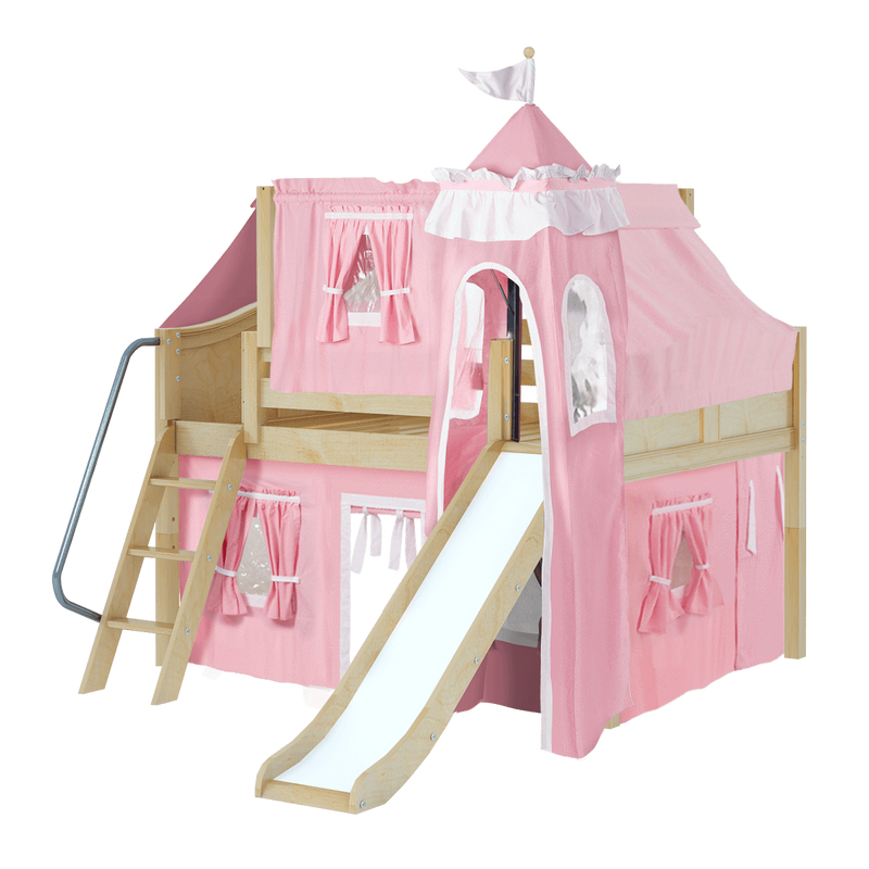 Maxtrix Full Low Loft Bed with Angled Ladder, Curtain, Top Tent, Tower + Slide