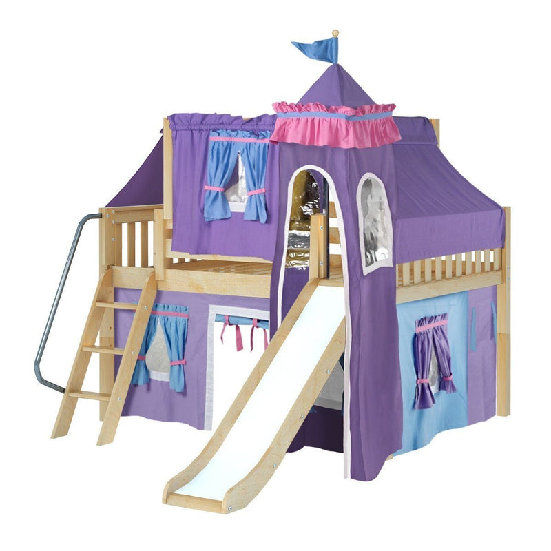 Maxtrix Full Low Loft Bed with Angled Ladder, Curtain, Top Tent, Tower + Slide