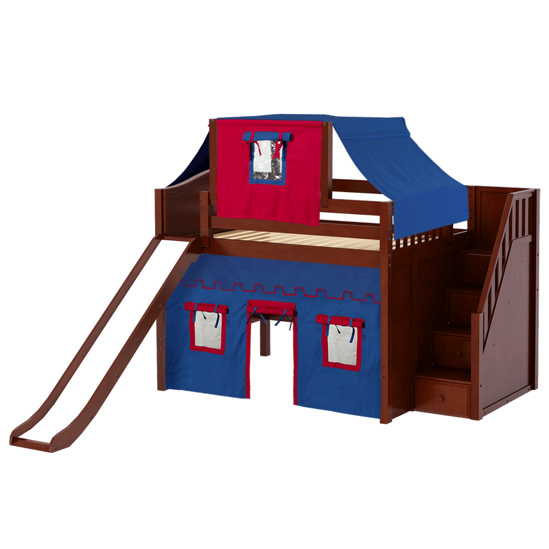 Maxtrix Full Mid Loft Bed with Stairs, Curtain, Top Tent + Slide