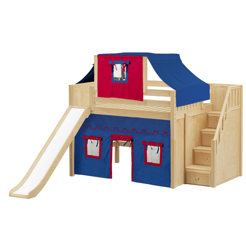 Maxtrix Full Mid Loft Bed with Stairs, Curtain, Top Tent + Slide