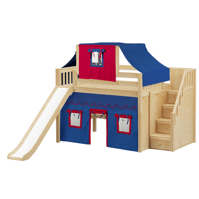 Maxtrix Full Mid Loft Bed with Stairs, Curtain, Top Tent + Slide