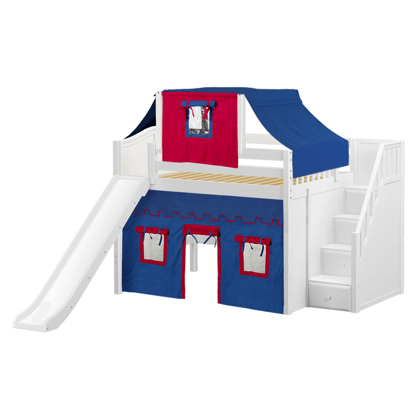 Maxtrix Full Mid Loft Bed with Stairs, Curtain, Top Tent + Slide