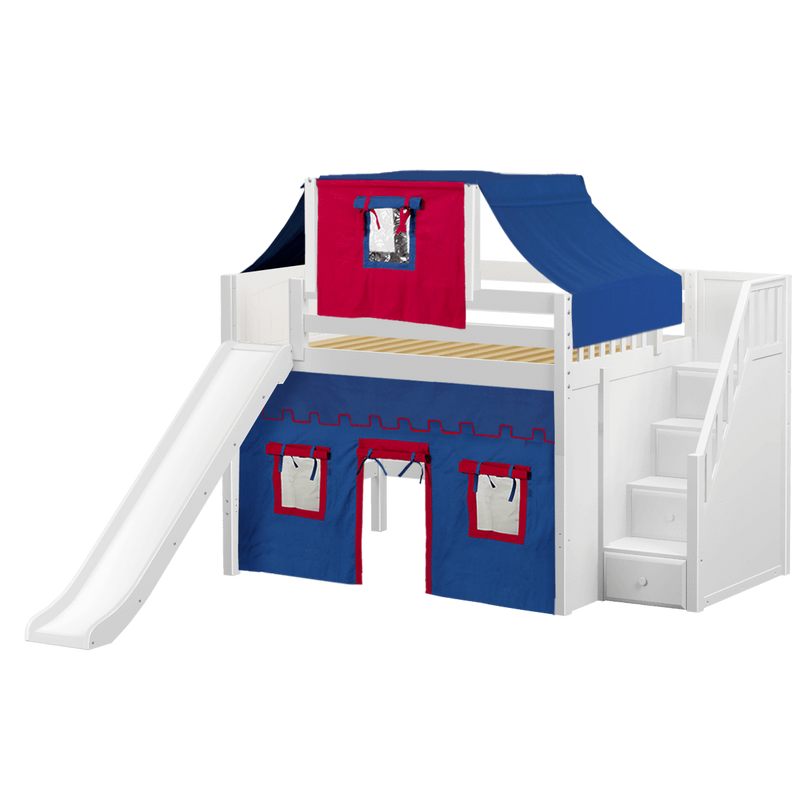 Maxtrix Full Mid Loft Bed with Stairs, Curtain, Top Tent + Slide