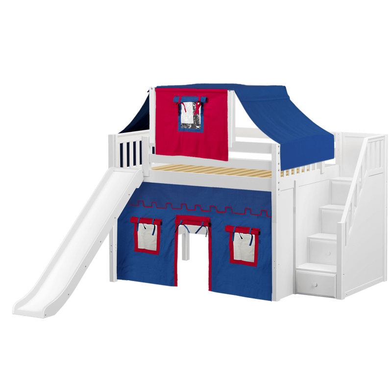 Maxtrix Full Mid Loft Bed with Stairs, Curtain, Top Tent + Slide