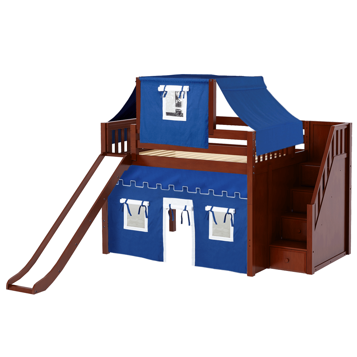 tent loft bed Maxtrix Full Mid Loft Bed with Stairs, Curtain, Top Tent + Slide — Cozy Kids Furniture