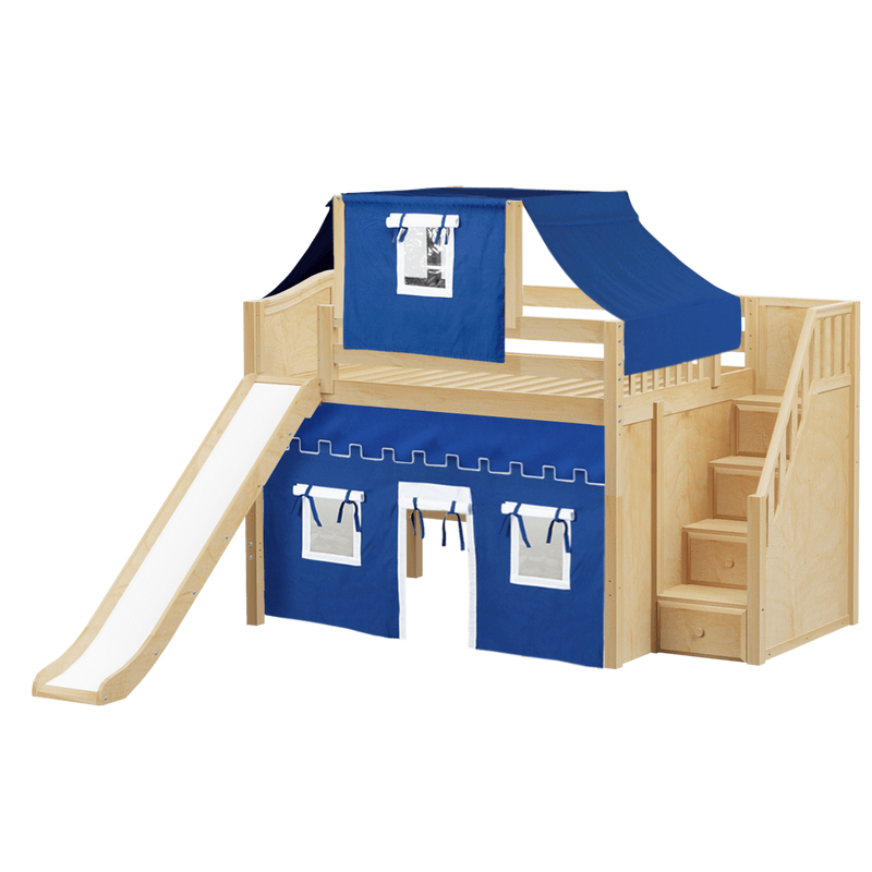 Maxtrix Full Mid Loft Bed with Stairs, Curtain, Top Tent + Slide