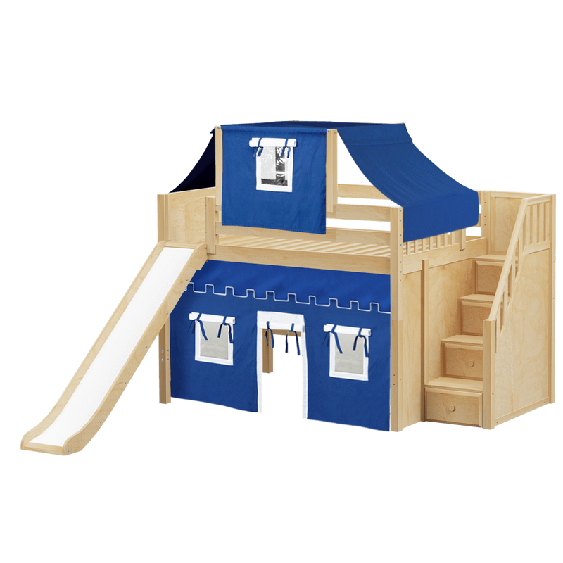 Maxtrix Full Mid Loft Bed with Stairs, Curtain, Top Tent + Slide