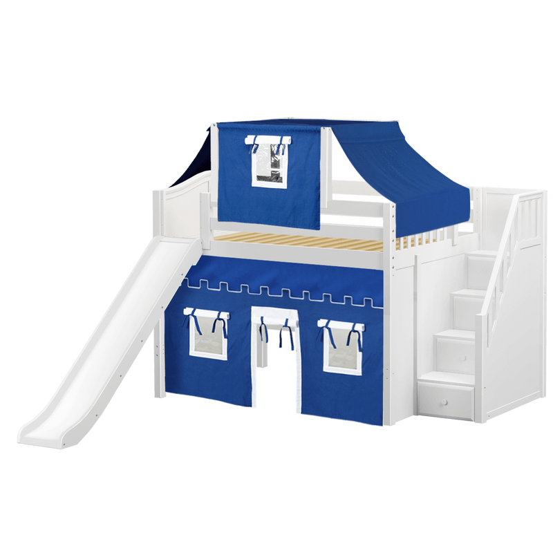 Maxtrix Full Mid Loft Bed with Stairs, Curtain, Top Tent + Slide