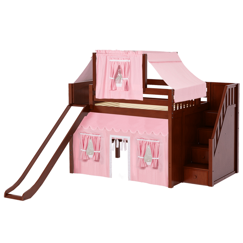 Maxtrix Full Mid Loft Bed with Stairs, Curtain, Top Tent + Slide