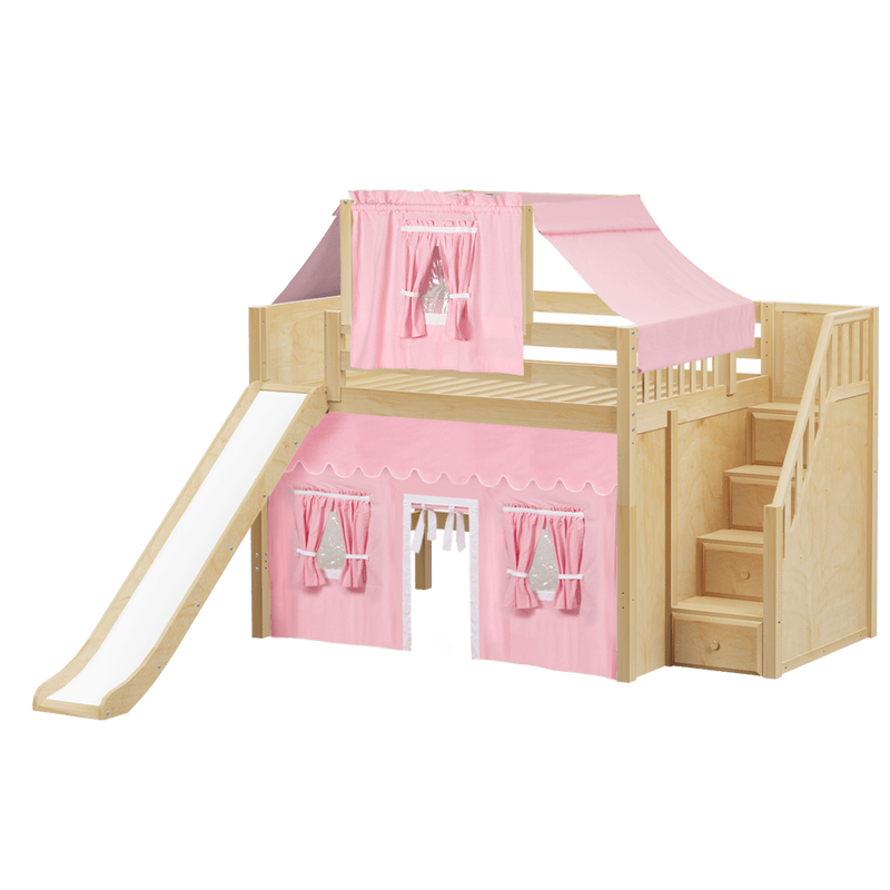 Maxtrix Full Mid Loft Bed with Stairs, Curtain, Top Tent + Slide