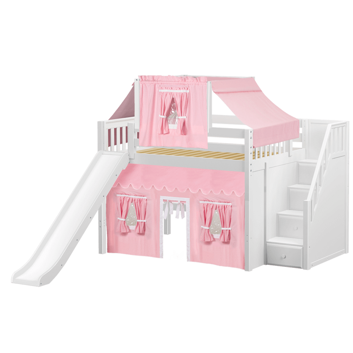 Maxtrix Full Mid Loft Bed with Stairs, Curtain, Top Tent + Slide