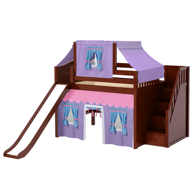 Maxtrix Full Mid Loft Bed with Stairs, Curtain, Top Tent + Slide