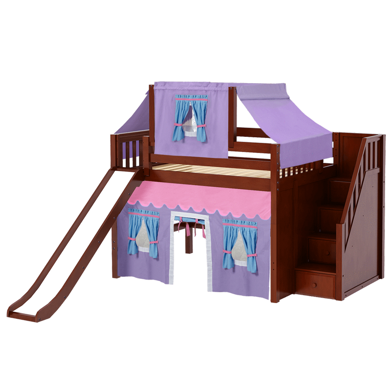 Maxtrix Full Mid Loft Bed with Stairs, Curtain, Top Tent + Slide