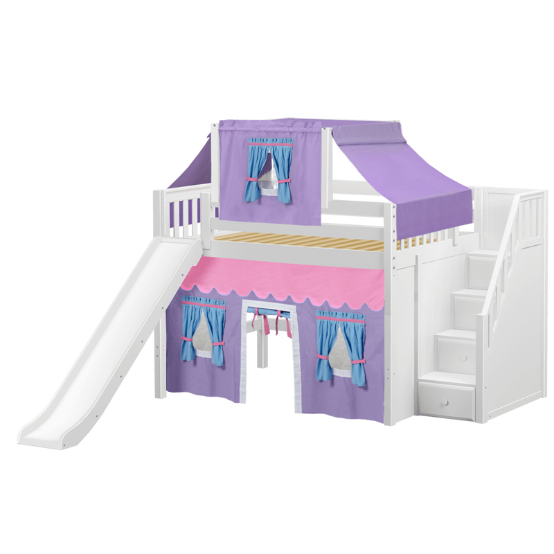 Maxtrix Full Mid Loft Bed with Stairs, Curtain, Top Tent + Slide