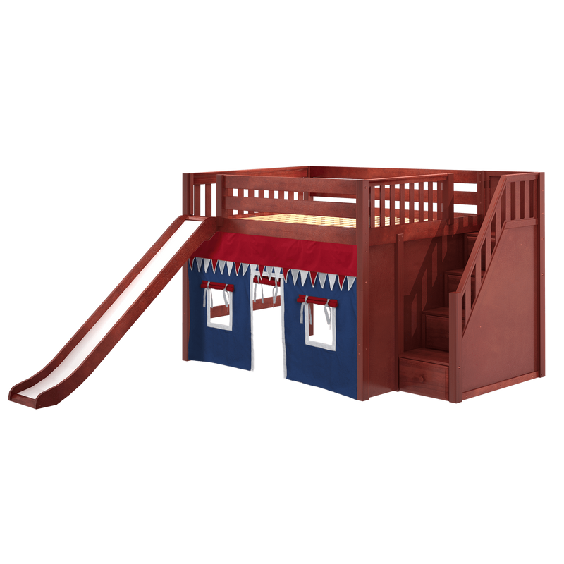 Maxtrix Full Mid Loft Bed with Stairs, Curtain + Slide
