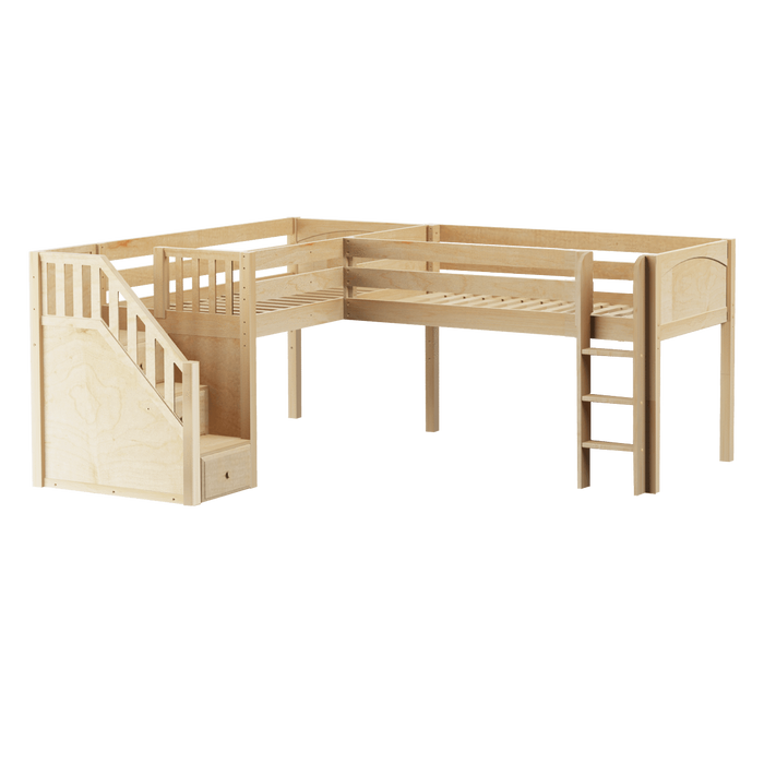Maxtrix Twin Low Corner Loft Bed with Ladder + Stairs - L