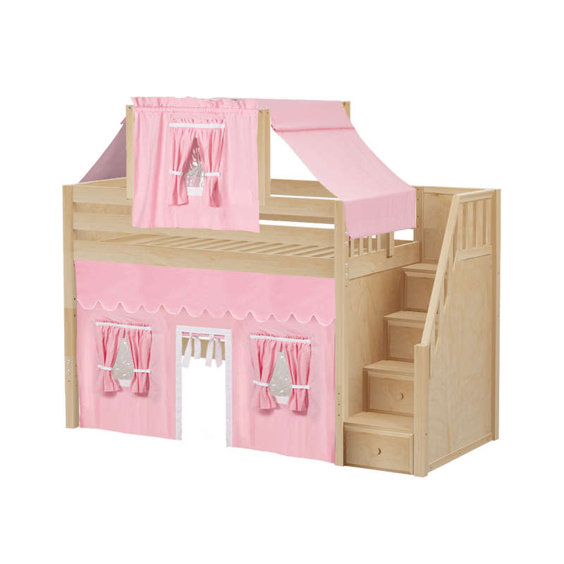 Maxtrix Twin Mid Loft Bed with Stairs, Curtain + Top Tent