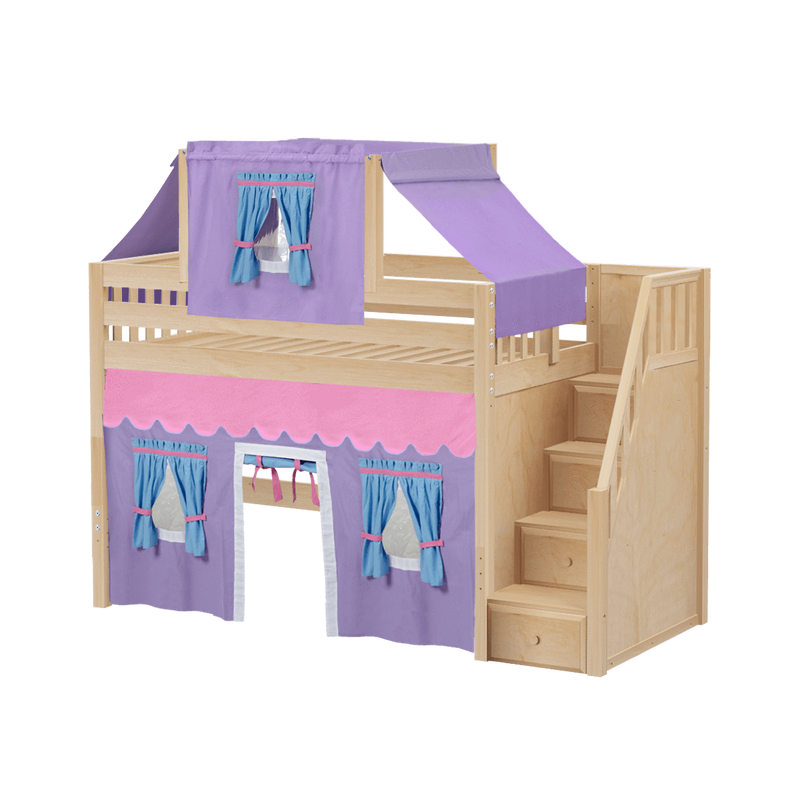 Maxtrix Twin Mid Loft Bed with Stairs, Curtain + Top Tent