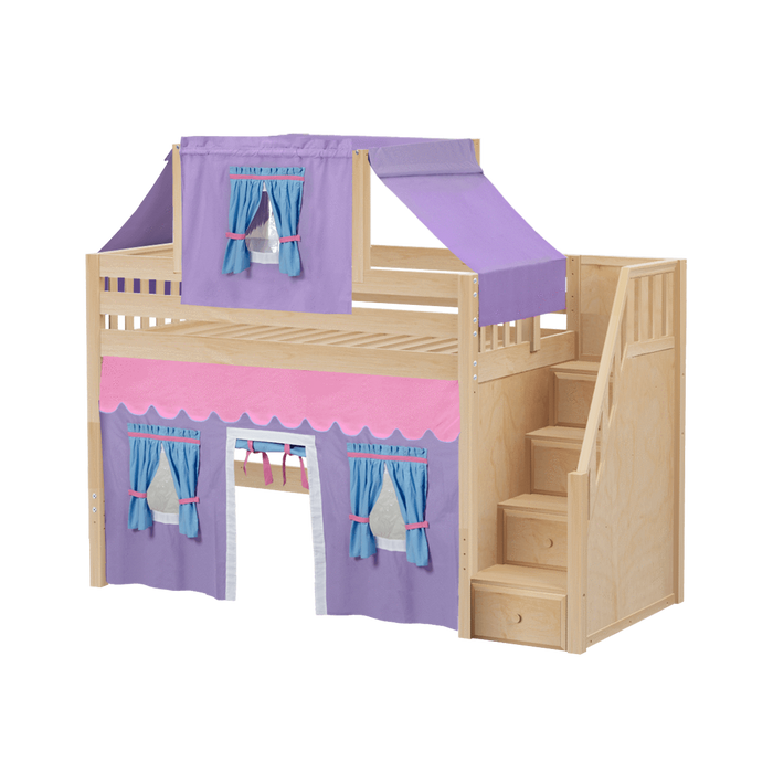 Maxtrix Twin Mid Loft Bed with Stairs, Curtain + Top Tent