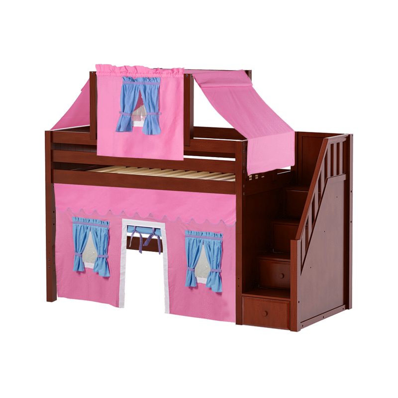 Maxtrix Twin Mid Loft Bed with Stairs, Curtain + Top Tent