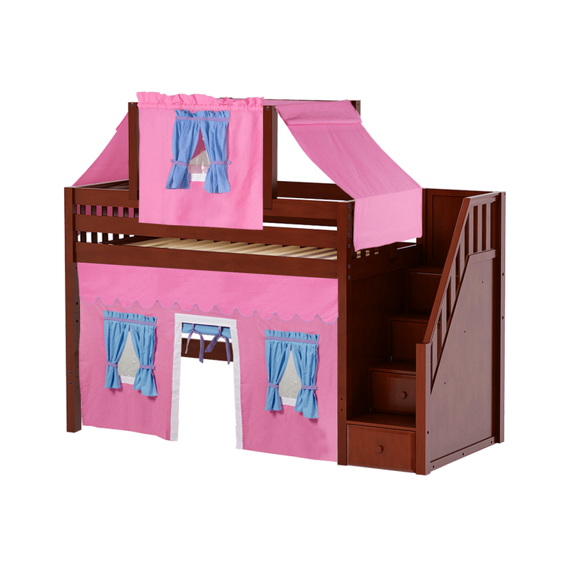 Maxtrix Twin Mid Loft Bed with Stairs, Curtain + Top Tent