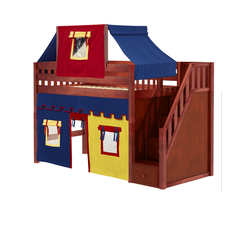 Maxtrix Twin Mid Loft Bed with Stairs, Curtain + Top Tent