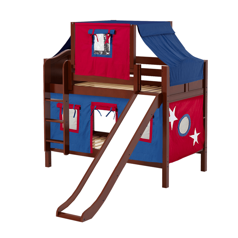 Maxtrix Twin Low Bunk Bed with Straight Ladder, Curtain, Top Tent + Slide