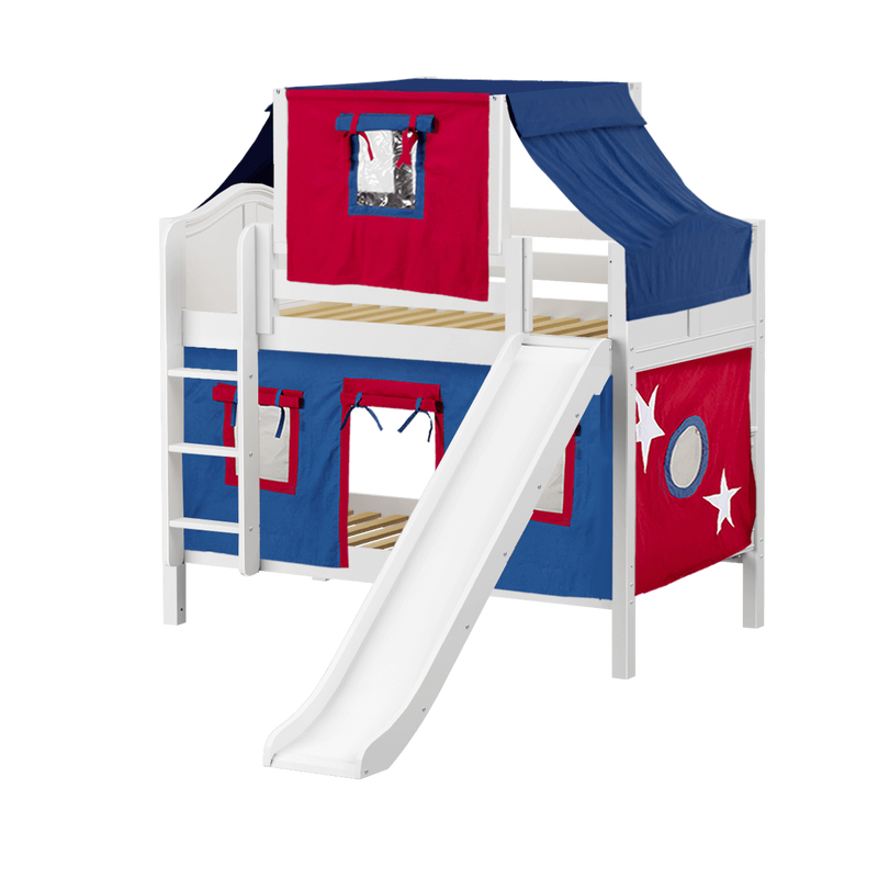 Maxtrix Twin Low Bunk Bed with Straight Ladder, Curtain, Top Tent + Slide