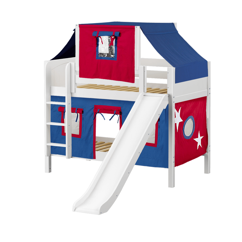 Maxtrix Twin Low Bunk Bed with Straight Ladder, Curtain, Top Tent + Slide