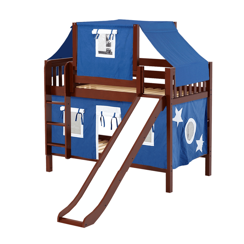 Maxtrix Twin Low Bunk Bed with Straight Ladder, Curtain, Top Tent + Slide