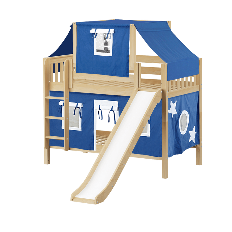 Maxtrix Twin Low Bunk Bed with Straight Ladder, Curtain, Top Tent + Slide