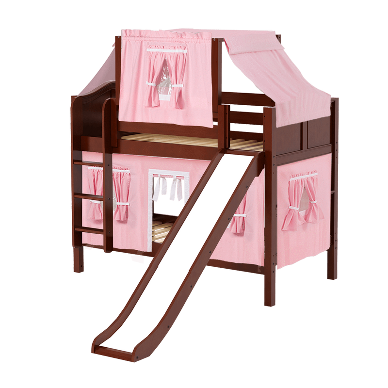 Maxtrix Twin Low Bunk Bed with Straight Ladder, Curtain, Top Tent + Slide