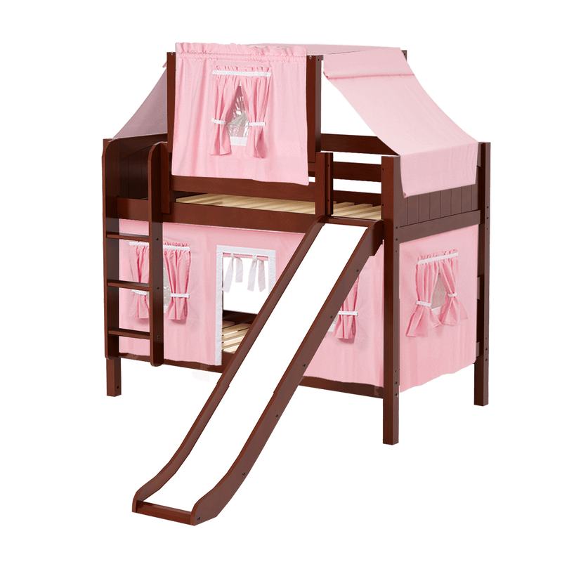 Maxtrix Twin Low Bunk Bed with Straight Ladder, Curtain, Top Tent + Slide