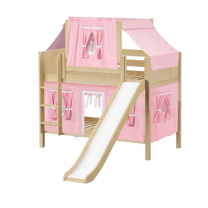 Maxtrix Twin Low Bunk Bed with Straight Ladder, Curtain, Top Tent + Slide