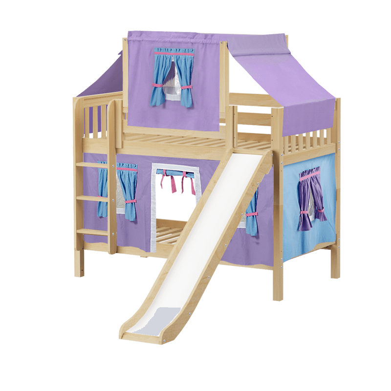 Maxtrix Twin Low Bunk Bed with Straight Ladder, Curtain, Top Tent + Slide