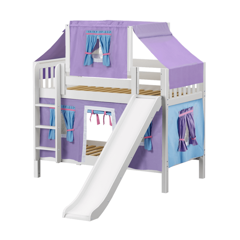 Maxtrix Twin Low Bunk Bed with Straight Ladder, Curtain, Top Tent + Slide