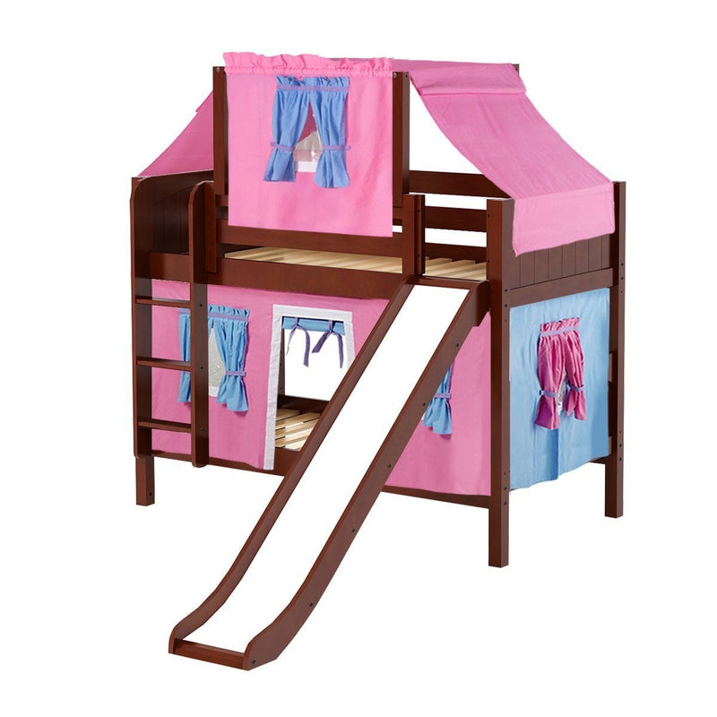 Maxtrix Twin Low Bunk Bed with Straight Ladder, Curtain, Top Tent + Slide