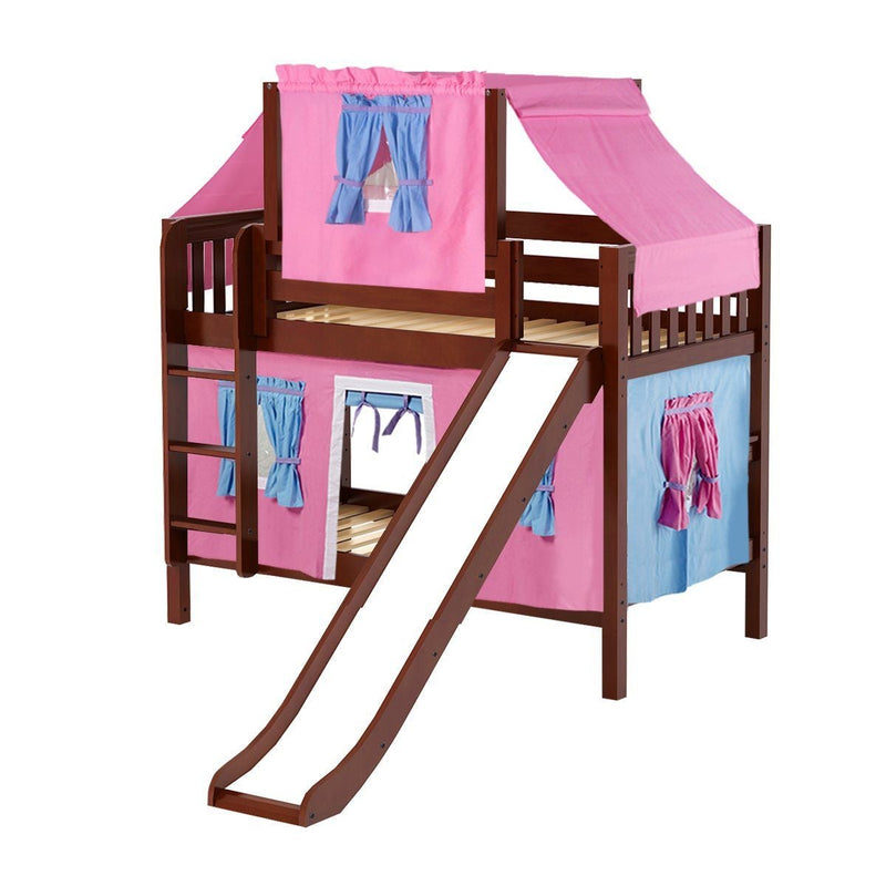 Maxtrix Twin Low Bunk Bed with Straight Ladder, Curtain, Top Tent + Slide