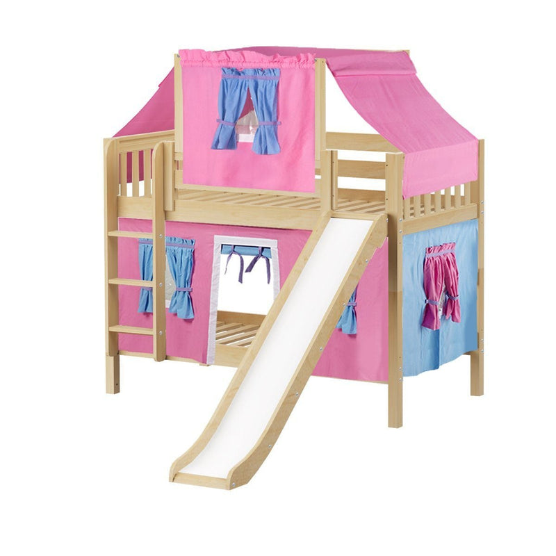 Maxtrix Twin Low Bunk Bed with Straight Ladder, Curtain, Top Tent + Slide