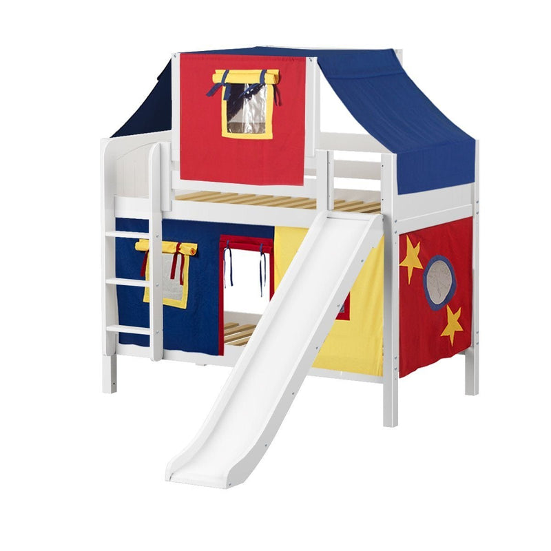 Maxtrix Twin Low Bunk Bed with Straight Ladder, Curtain, Top Tent + Slide